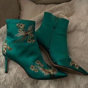 Zara Teal Satin Embroidered Ankle Boots - Women